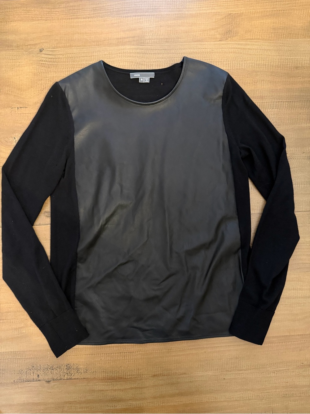 Vince. Black Faux-Leather Front Long Sleeve Shirt